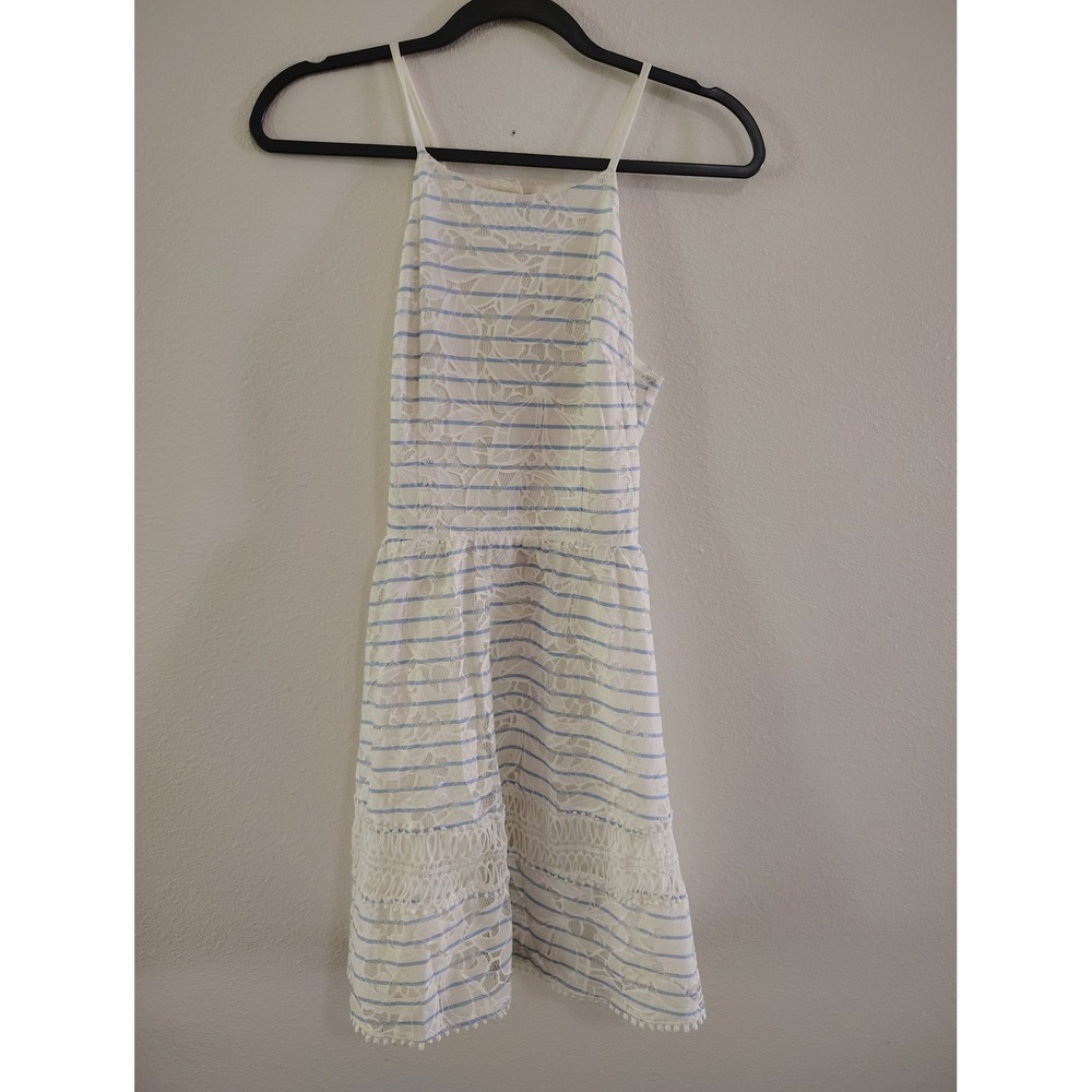 J by JOA Womens‎ Blue White Striped Floral Lace Halter Mini Dress Cutout Back S